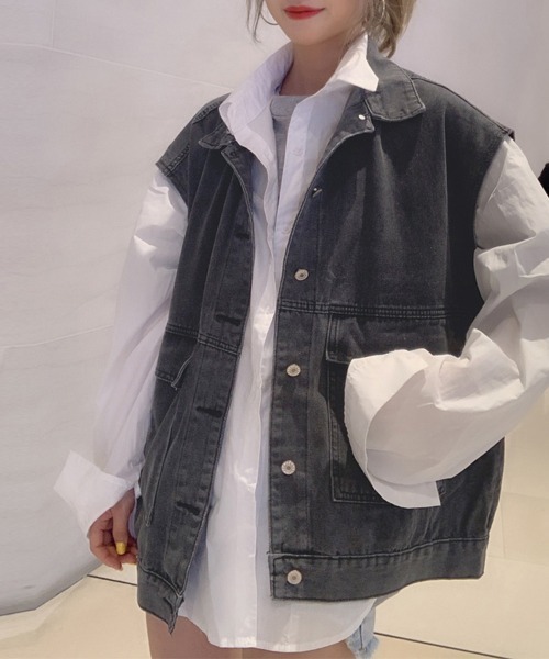 Miniministore(ミニミニストア)の「ベスト レディースデニムベスト 韓国ジレ(ベスト・レディース・チャコールグレー/サックスブルー・FREE)」の13枚目の写真