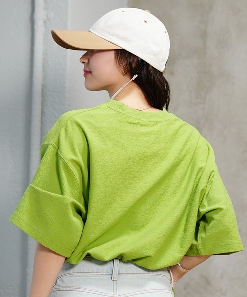 DISCUS ATHLETIC(ディスカス アスレチック)の「DISCUS ATHLETIC/ディスカスアスレチック Tシャツ 半袖 梨地 裾ドロスト ワンポイント ロゴ 刺繍 4287-1976(Tシャツ/カットソー・レディース・ブラック/アイボリー/サックスブルー/ライトグリーン/コーラルピンク・FREE)」の18枚目の写真