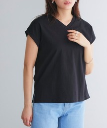 綿100%VネックフレンチスリーブベーシックTシャツ