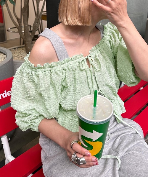 Alley by w closet（アリーバイダブルクローゼット）の「【Alley/2WAY】デコルテキレイ見えフリル＆ギャザーブラウス（シャツ/ブラウス・レディース・ミント/オフホワイト・FREE）」の10枚目の写真