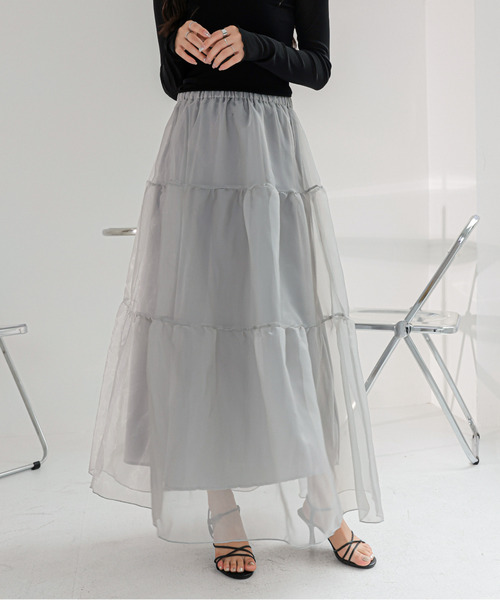 ECLIN（エクラン）の「シアーティアードフレアスカート（スカート・レディース・チャコールグレー/ベージュ/ブラック・S/M/L）」の4枚目の写真