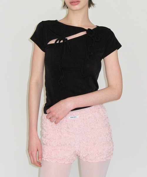 CRANK（クランク）の「CRANK／ストリングスリットT（Tシャツ/カットソー・レディース・ピンク/ブラック・FREE）」の2枚目の写真