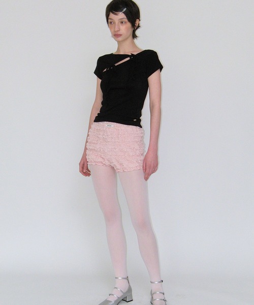 CRANK（クランク）の「CRANK／ストリングスリットT（Tシャツ/カットソー・レディース・ピンク/ブラック・FREE）」の4枚目の写真