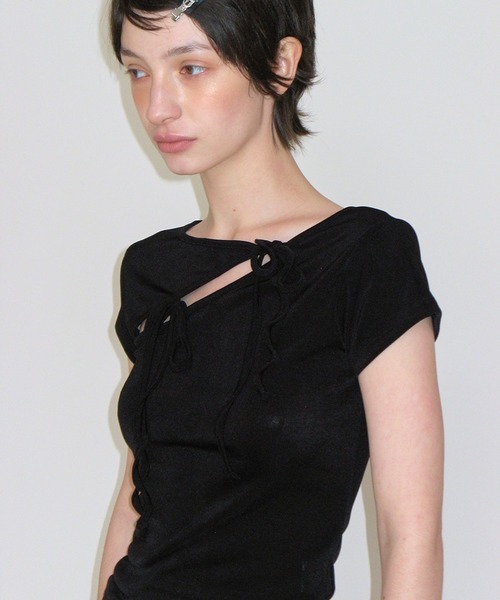 CRANK（クランク）の「CRANK／ストリングスリットT（Tシャツ/カットソー・レディース・ピンク/ブラック・FREE）」の7枚目の写真