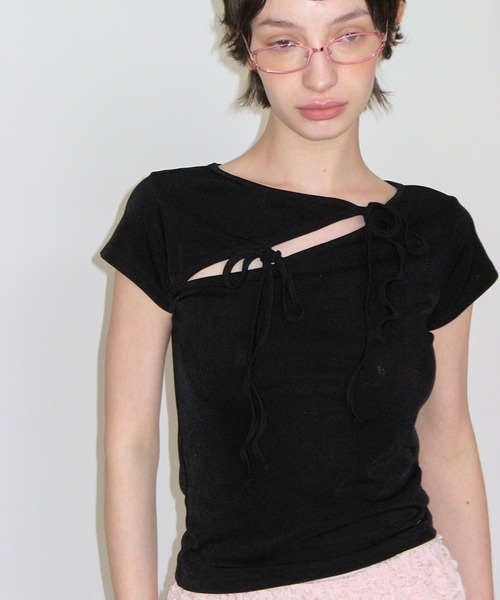 CRANK（クランク）の「CRANK／ストリングスリットT（Tシャツ/カットソー・レディース・ピンク/ブラック・FREE）」の8枚目の写真