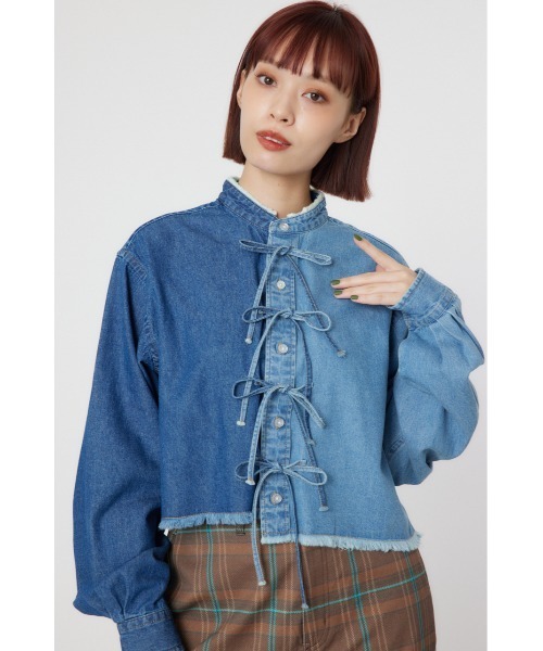 RODEO CROWNS WIDE BOWL(ロデオクラウンズワイドボウル)の「リボンクロップドシャツ(シャツ/ブラウス・レディース・ブラック系その他/ブルー/ホワイト・FREE)」の3枚目の写真