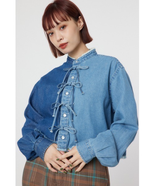 RODEO CROWNS WIDE BOWL(ロデオクラウンズワイドボウル)の「リボンクロップドシャツ(シャツ/ブラウス・レディース・ブラック系その他/ブルー/ホワイト・FREE)」の4枚目の写真