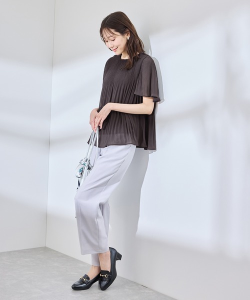 美品✨ルフィル バックプリーツブラウス シャツ トップス グレー セール】楽キレイ カップ付きプリーツブラウス（シャツ/ブラウス