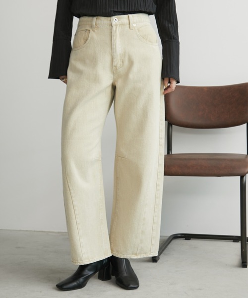 Aunt Marie's（アントマリーズ）の「ヴィンテージライクバレルカーブパンツ（デニムパンツ・レディース・ベージュ/ブラウン・S/M/L）」の4枚目の写真