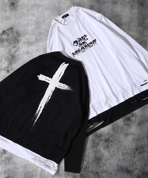 セール】Back cross fake layered grunge processing long T
