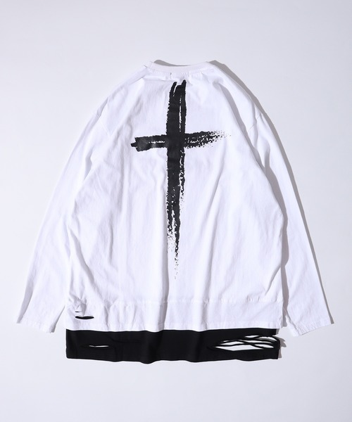 RE730(アールイーセブンサーティー)の「Back cross fake layered grunge processing long T / バッククロス フェイクレイヤード グランジ加工 ロンT unisex(Tシャツ/カットソー・メンズ・ホワイト/ブラック・M/L)」の6枚目の写真