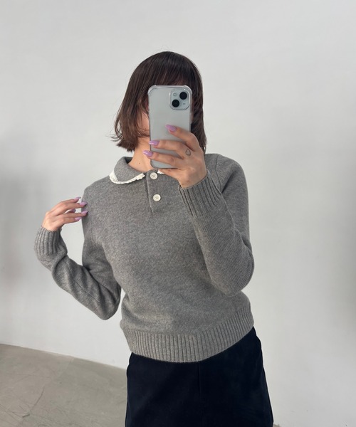 ウールレースポロニットトップス anuans（アニュアンス） ポロシャツ ポロ 「ZOZO限定」ウールレース