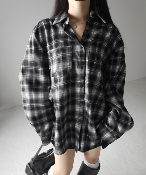 me+em select(ミームセレクト)の「ビッグシルエットブラックチェックネルシャツ / big silhouette black check flannel shirt(シャツ/ブラウス・レディース・ブラック・FREE)」の3枚目の写真