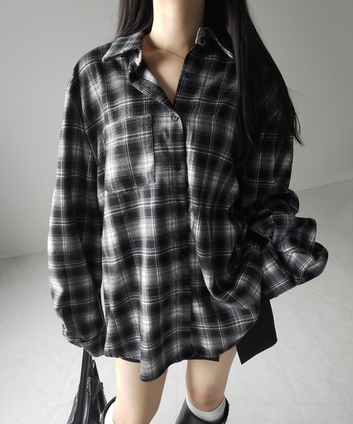 me+em select(ミームセレクト)の「ビッグシルエットブラックチェックネルシャツ / big silhouette black check flannel shirt(シャツ/ブラウス・レディース・ブラック・FREE)」の5枚目の写真