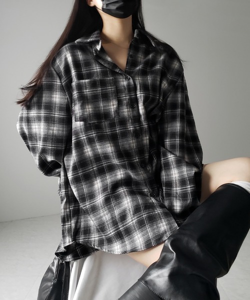 me+em select(ミームセレクト)の「ビッグシルエットブラックチェックネルシャツ / big silhouette black check flannel shirt(シャツ/ブラウス・レディース・ブラック・FREE)」の17枚目の写真