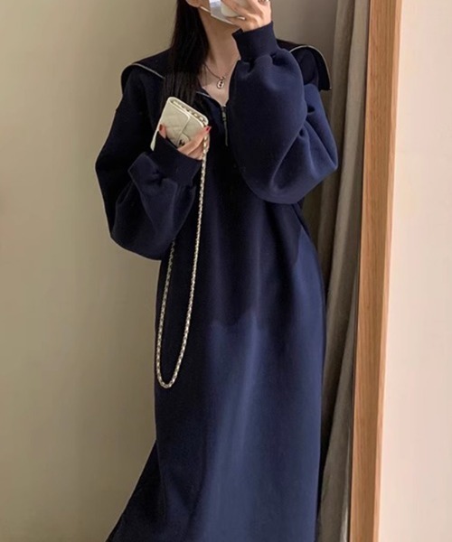 【セール】ゆるダボ ハーフジップ 裏起毛 ワンピース ロング丈（ワンピース）｜COCOMOMO（ココモモ）