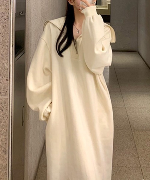 【セール】ゆるダボ ハーフジップ 裏起毛 ワンピース ロング丈（ワンピース）｜COCOMOMO（ココモモ）