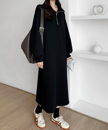 ゆるダボ ハーフジップ 裏起毛 ワンピース ロング丈