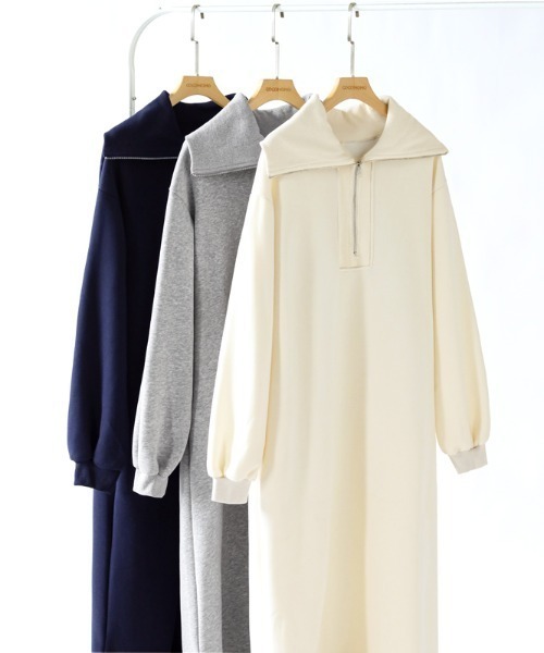 【セール】ゆるダボ ハーフジップ 裏起毛 ワンピース ロング丈（ワンピース）｜COCOMOMO（ココモモ）