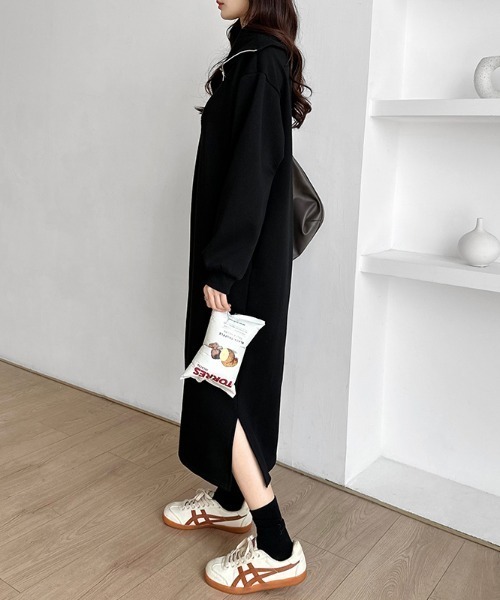 【セール】ゆるダボ ハーフジップ 裏起毛 ワンピース ロング丈（ワンピース）｜COCOMOMO（ココモモ）