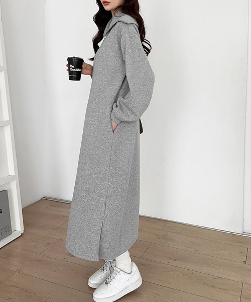 【セール】ゆるダボ ハーフジップ 裏起毛 ワンピース ロング丈（ワンピース）｜COCOMOMO（ココモモ）