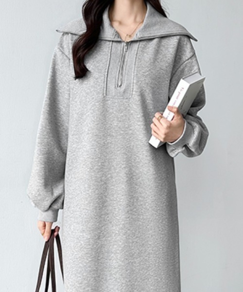 【セール】ゆるダボ ハーフジップ 裏起毛 ワンピース ロング丈（ワンピース）｜COCOMOMO（ココモモ）