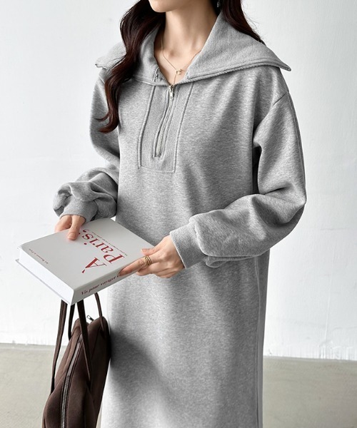 【セール】ゆるダボ ハーフジップ 裏起毛 ワンピース ロング丈（ワンピース）｜COCOMOMO（ココモモ）