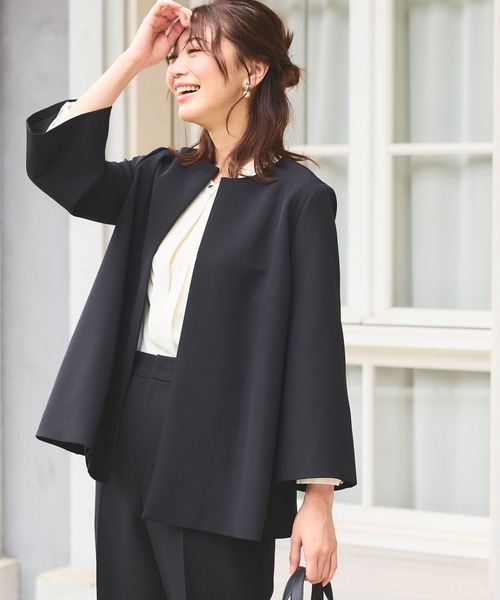 CROSS FUNCTION（クロスファンクション）の「【入荷禁止】《洗える・ストレッチ・シワになりにくい》正解 Aラインフレアジャケット【CF/クロスファンクション】（ノーカラージャケット・レディース・ブラック/ライトグレー/ベージュ/ネイビー・7号/9号/11号/13号/15号）」の5枚目の写真