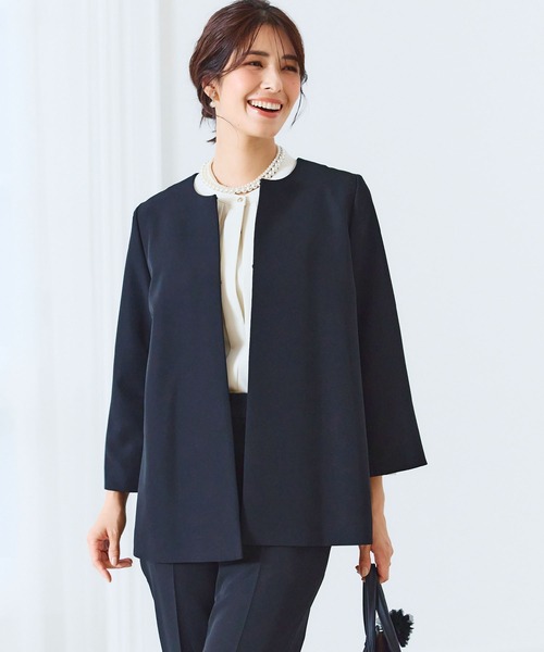 CROSS FUNCTION（クロスファンクション）の「【入荷禁止】《洗える・ストレッチ・シワになりにくい》正解 Aラインフレアジャケット【CF/クロスファンクション】（ノーカラージャケット・レディース・ブラック/ライトグレー/ベージュ/ネイビー・7号/9号/11号/13号/15号）」の12枚目の写真