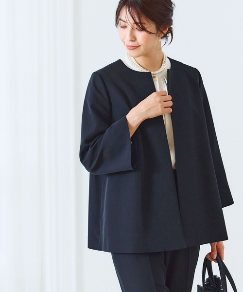 CROSS FUNCTION（クロスファンクション）の「【入荷禁止】《洗える・ストレッチ・シワになりにくい》正解 Aラインフレアジャケット【CF/クロスファンクション】（ノーカラージャケット・レディース・ブラック/ライトグレー/ベージュ/ネイビー・7号/9号/11号/13号/15号）」の13枚目の写真