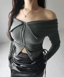 ※※【 3color / 裏起毛 】ダブルジップシャーリングリボンオフショルトップス / double zip shirring ribbon off shoulder tops