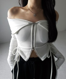 ※※【 ３color ／ 裏起毛 】ダブルジップシャーリングリボンオフショルトップス ／ double zip shirring ribbon off shoulder tops