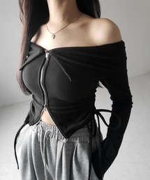 ※※【 3color / 裏起毛 】ダブルジップシャーリングリボンオフショルトップス / double zip shirring ribbon off shoulder tops
