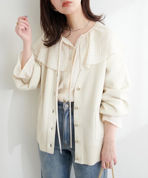 natural couture（ナチュラルクチュール）の「ぷっくり金ボタンミドルカーデ（カーディガン/ボレロ・レディース・チャコールグレー/アイボリー/ピンク/キャメル/イエロー・FREE）」の6枚目の写真