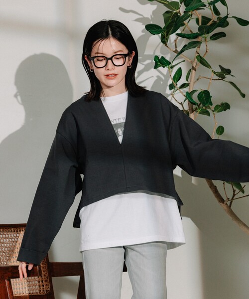 Vネックショートスウェットトップス GRY FREAK'S STORE｜ポンチ Vネックショートスウェット 25SS