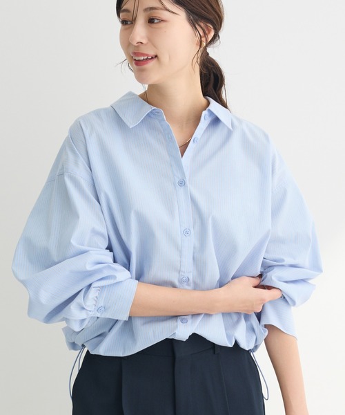 Green　Parks（グリーンパークス）の「イージーケア裾ドロストシャツ（シャツ/ブラウス・レディース・オフホワイト/グレー/ブルー/サックスブルー/グリーン/ベージュ・FREE）」の5枚目の写真