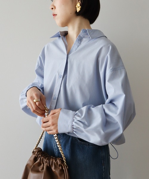 Green　Parks（グリーンパークス）の「イージーケア裾ドロストシャツ（シャツ/ブラウス・レディース・オフホワイト/グレー/ブルー/サックスブルー/グリーン/ベージュ・FREE）」の13枚目の写真