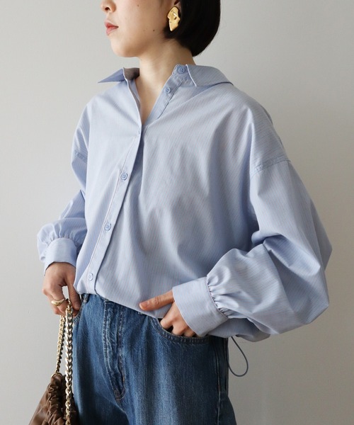 Green　Parks（グリーンパークス）の「イージーケア裾ドロストシャツ（シャツ/ブラウス・レディース・オフホワイト/グレー/ブルー/サックスブルー/グリーン/ベージュ・FREE）」の14枚目の写真