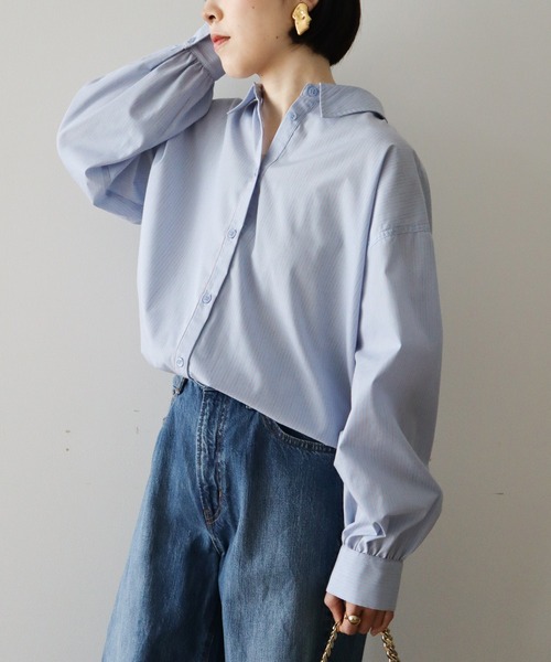 Green　Parks（グリーンパークス）の「イージーケア裾ドロストシャツ（シャツ/ブラウス・レディース・オフホワイト/グレー/ブルー/サックスブルー/グリーン/ベージュ・FREE）」の15枚目の写真