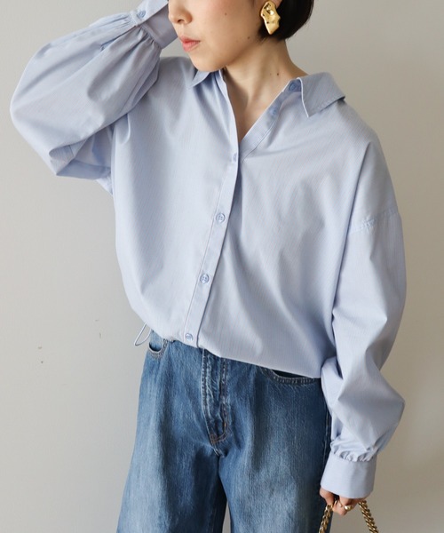 Green　Parks（グリーンパークス）の「イージーケア裾ドロストシャツ（シャツ/ブラウス・レディース・オフホワイト/グレー/ブルー/サックスブルー/グリーン/ベージュ・FREE）」の16枚目の写真