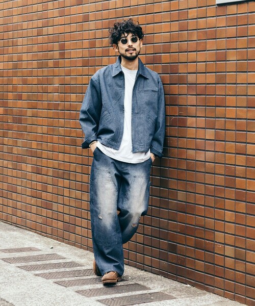 セール】ワイドシルエット ダメージ加工 ダブルニー ヒッコリーデニム