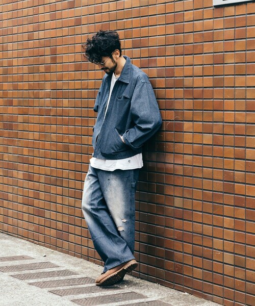 FREAK'S STORE（フリークスストア）の「ワイドシルエット ダメージ加工 ダブルニー ヒッコリーデニムパンツ（デニムパンツ・メンズ・ネイビー/サックスブルー・MEDIUM/LARGE）」の16枚目の写真