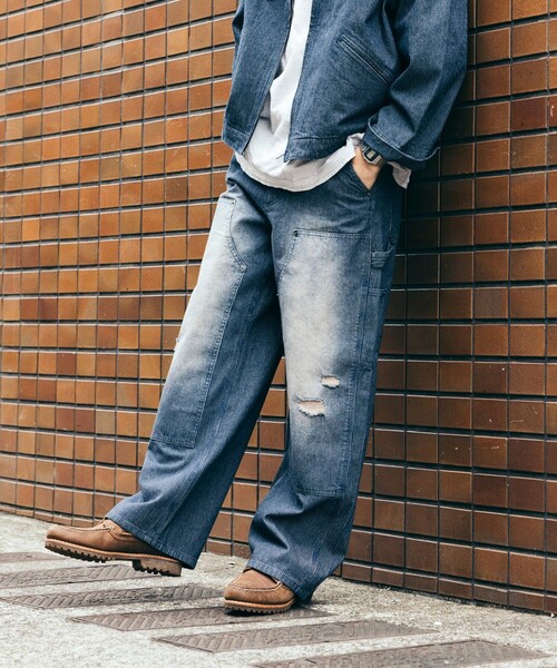 FREAK'S STORE（フリークスストア）の「ワイドシルエット ダメージ加工 ダブルニー ヒッコリーデニムパンツ（デニムパンツ・メンズ・ネイビー/サックスブルー・MEDIUM/LARGE）」の13枚目の写真