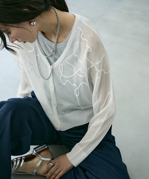 Trish(トリッシュ)の「天竺編みコード刺繍入りシアーVネックカーディガン(ニット/セーター・レディース・ネイビー/ベージュ/オフホワイト・MEDIUM)」の18枚目の写真