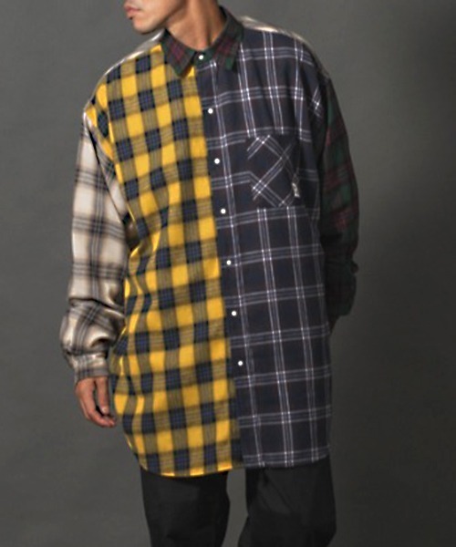 REGIEVO（レジエボ）の「【REGIEVO】ネルチェック / オーバーサイズ ロングシャツ（シャツ/ブラウス・メンズ・グレー/グリーン/ベージュ/イエロー・LARGE/MEDIUM）」の2枚目の写真