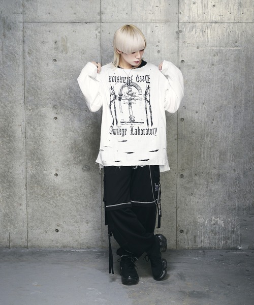 Amilige ダメージガーゼトップス ホワイト クロスロゴプリントダメージガーゼトップス（Tシャツ/カットソー