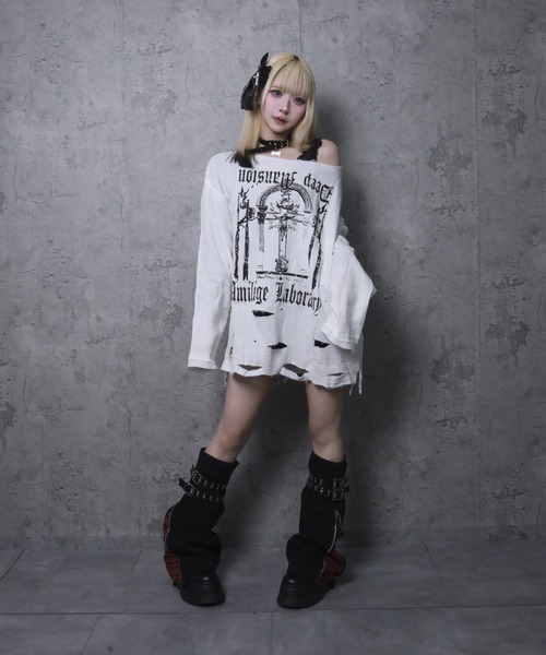 【新品未使用】Amilige ダメージガーゼトップス ホワイト クロスロゴプリントダメージガーゼトップス（Tシャツ/カットソー