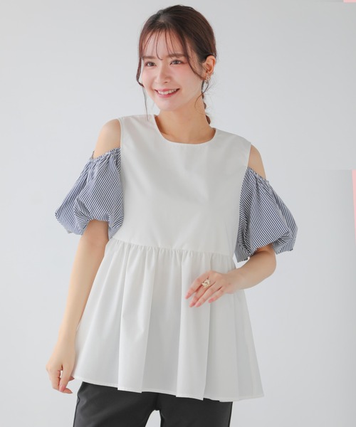 Fitmore フィットモア　クリンクルシアーオーガンジーペプラムトップス セール】ボーダーオープンショルダーペプラムトップス（その他