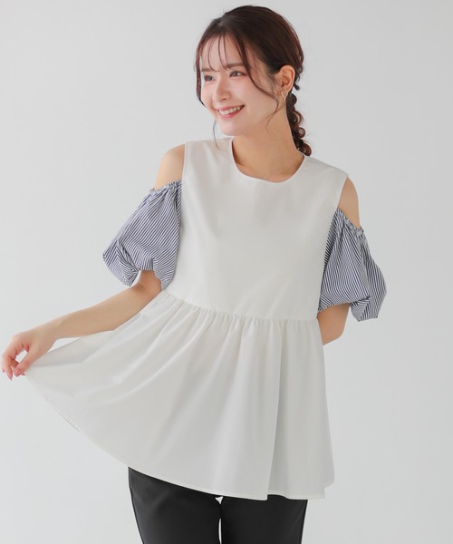 Fit more(フィットモア)の「ボーダーオープンショルダーペプラムトップス(その他トップス・レディース・ブラック/ホワイト・FREE)」の3枚目の写真