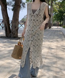 DAY CLOSET | 【ドラマ衣装提供】レディース 透け感ジオメトリッククロシェ編みロングジレ(ベスト)